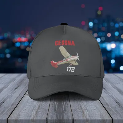 Cessna 172 Aircraft Baseball Cap – Red & White Text With High-Wing Plane Graphic On Black Background Baseball Cap