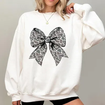 Camo Bow Sweatshirt Trendy Oversized With Stylish Camouflage Ribbon Graphic Cozy Casual Outfit For Women