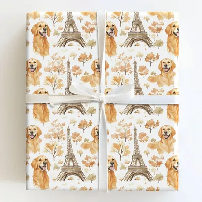 Paris with the Golden Retrievers - Gift Wrap for Christmas, Holidays Wrapping Paper, Christmas Wrapping Paper