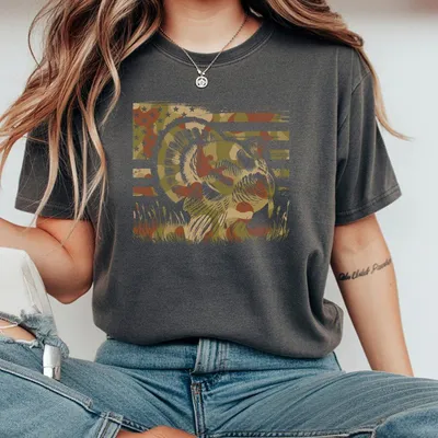 Wild Turkey Camo Flag T-Shirt Patriotic Usa Flag And Turkey Graphic Tactical Hunting Style Rugged Outdoor Streetwea