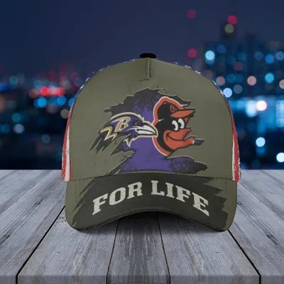 Baltimore Ravens Orioles For Life Baseball Cap, Distressed Us Flag, Military Green Fan Hat Baseball Cap