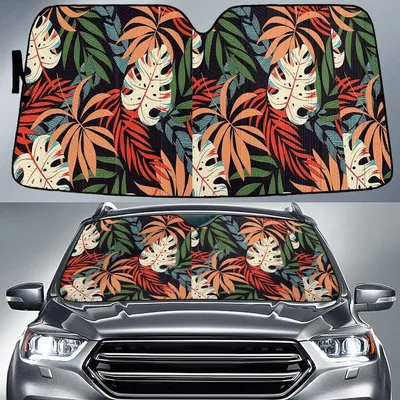 Multicolor Monstera Leaf Orange Fan Leaves Summer Vibe Car Sun Shades Cover Auto Windshield PrintSyde