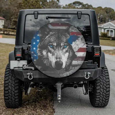 Gritty Wolf Us Flag Spare Tire Cover, Fierce Animal Blue Eyes, Distressed Usa Theme, Durable Spare Wheel Protection Spare Tire Cover