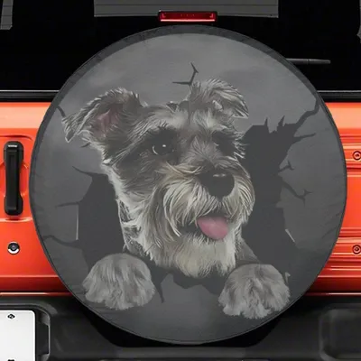 Miniature Schnauzer Peekaboo Tire Cover, Cute Dog Breaking Through Graphic, Waterproof Dustproof Universal Fit Spare Tire Cover
