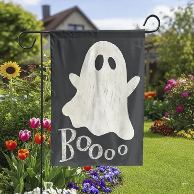 Boo Ghost Garden Flag, Cute Halloween Yard Decoration, Spooky Black And White Outdoor Decor Vertical Garden Flag