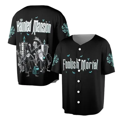 Haunted Mansion Foolish Mortal Baseball Jersey, Disney Ghost Ride Baseball Jersey, Black Halloween Spooky Merch, Fan Apparel