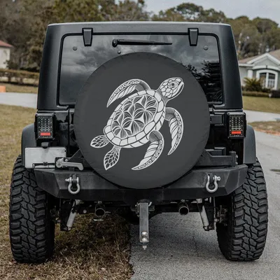 White Line Art Turtle Spare Tire Cover - Ocean Geometric Design, Minimalist Black Background Spare Tire Cover
