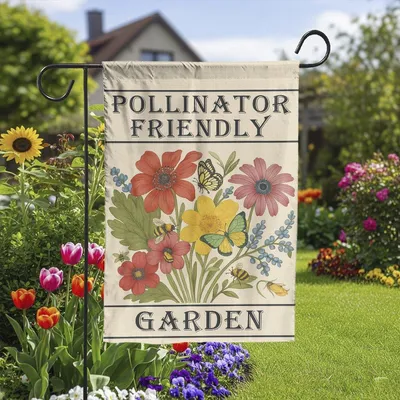 Pollinator Friendly Garden Flag, Floral Yard Sign, Bee And Butterfly Garden Decor, Eco Friendly Outdoor Flag, Nature Lover Gift Vertical Garden Flag