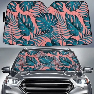 Stylized Monstera Leaf And Coconut Palm Leaf Orange Car Sun Shades Cover Auto Windshield PrintSyde
