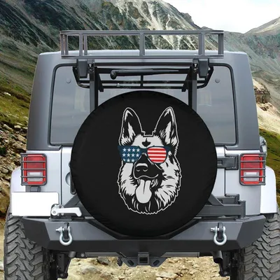 German Shepherd American Flag Spare Tire Cover - Patriotic Dog Sunglasses Black & White Art Spare Tire Cover