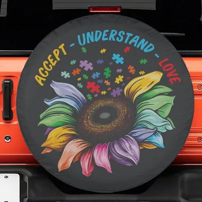 Autism Awareness Sunflower Spare Tire Cover - Accept Understand Love Puzzle Piece Art Spare Tire Cover