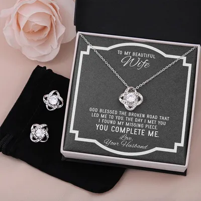 To My Wife You Complete Me Jewelry Set for Women Sentimental Jewelry Mothers Day Gift for Wife, Silver Jewelry Set and Stud Earrings