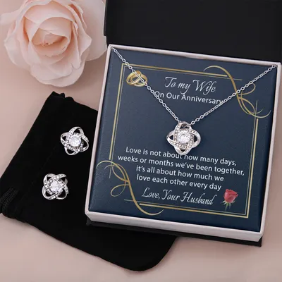 To My Wife Anniversary Gift, Love Knot Necklace and Earrings Set, Happy Anniversary Gift for Wife, Message Card Jewelry for Wife