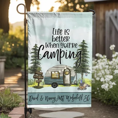 Life Is Better When You’Re Camping Garden Flag, Vintage Camper Outdoor Decor, Personalized Camping Flag Vertical Garden Flag