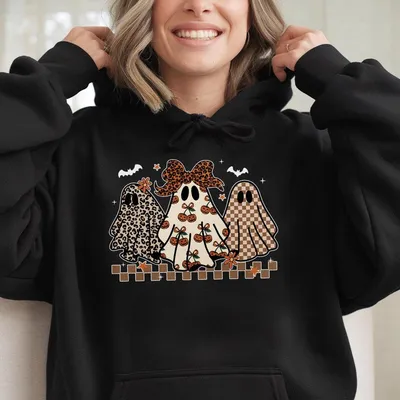 Preppy Halloween Ghost Leopard Hoodie, Cute Boo Ghost Coquette, Funny Spooky Season Fall Hoodie