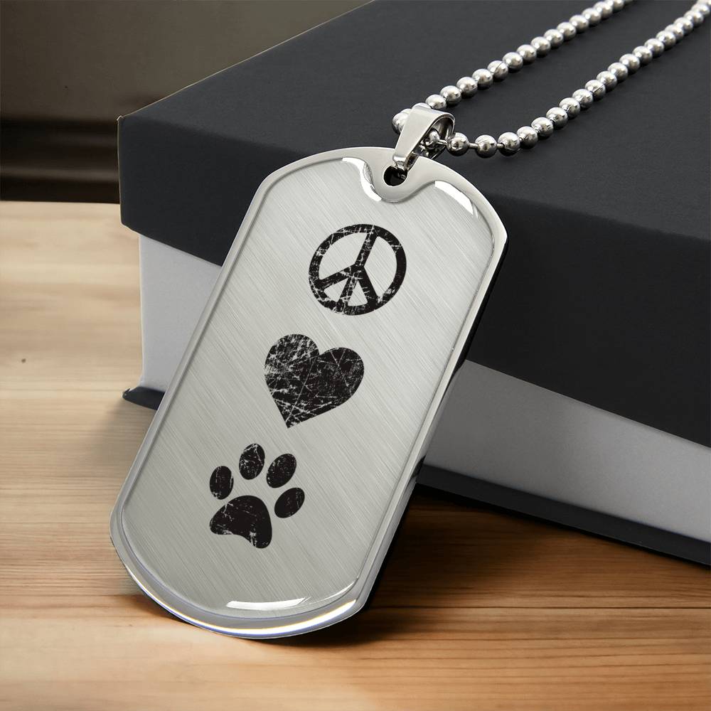 Peace Love Paws Distressed Design Dog Tag Necklace - Army Tag Necklace, Dog Tag