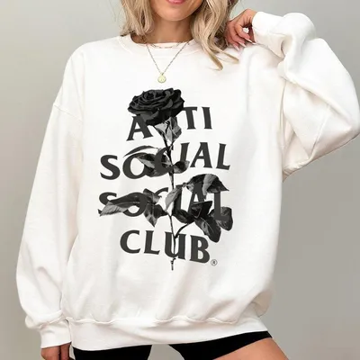 Anti Social Social Club Hell O Rose Sweatshirt Black Graphic Rose Print Unisex Streetwear Sweatshirt Trendy Fashion Swear