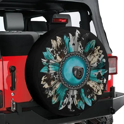 Turquoise Sunflower Tire Cover For Campers, With Backup Camera Hole, Turquoise Tire Cover Goth Accessories For Women Spare Tire Cover