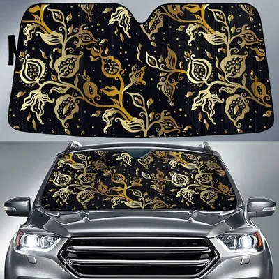 Gold Line Tropical Flower And Buds Black Theme Car Sun Shades Cover Auto Windshield PrintSyde