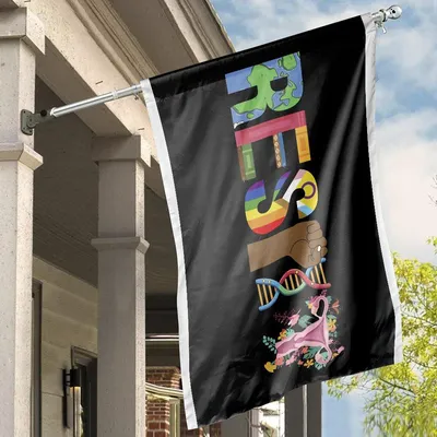 American House Flag, Symbolic “Resist” Letters With Earth, Books, Pride, Science & Feminism Icons Horizontal House Flag