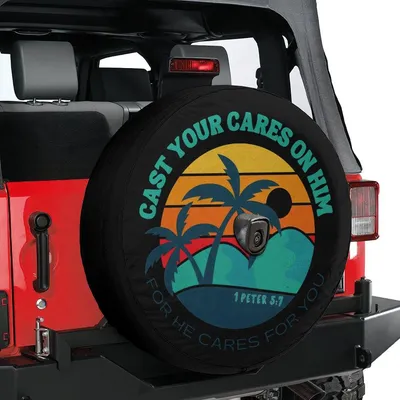 Tropical Sunset Palm Tree Spare Tire Cover, Island Vibe Car Wheel Protector, Ocean Beach Landscape Accessory Spare Tire Cover