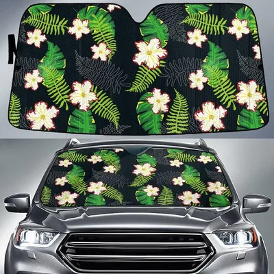 White Red Hibiscus Flower And Fern Leaf Black Theme Car Sun Shades Cover Auto Windshield PrintSyde
