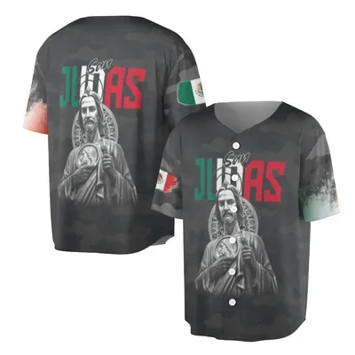 San Judas Polo Baseball Jersey, Mexican Flag Colors, Camouflage Background, Religious Icon Graphic, Green White Red Style