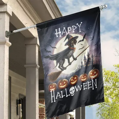 Happy Halloween House Flag, Dog Witch Flying On Broomstick, Full Moon And Haunted Castle Scene, Glowing Pumpkins And Bats Design Vertical House Flag