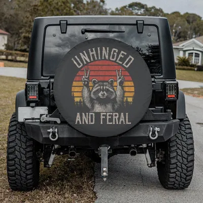Unhinged And Feral Spare Tire Cover, Funny Raccoon Sunset Design, Humor Animal Camper Gift, Retro Wilderness Style Spare Tire Cover