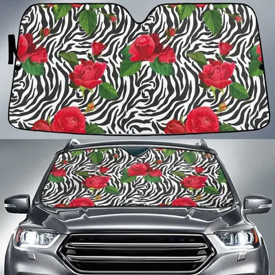 Red Roses Over Zebra Skin Texture All Over Print Car Sun Shades Cover Auto Windshield PrintSyde