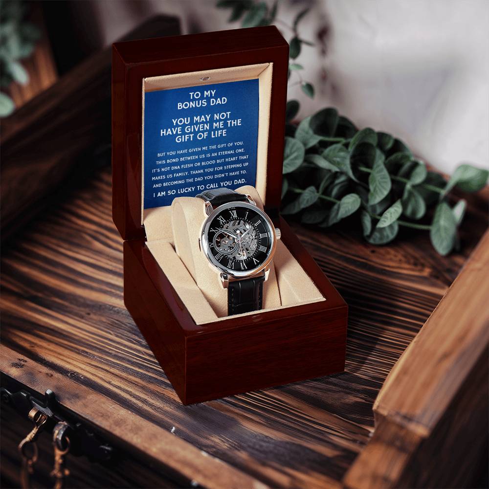 Step Dad Gift From Step Daughter Openwork Automatic Leather Strap Mens Watch Gift For Men To My Bonus Dad Stepped Up Dad Gift(4) Openwork Watch