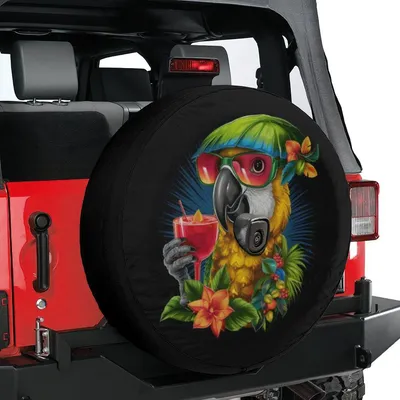 Spare Tire Cover, Cool Parrot With Cocktail, Tropical Macaw Sunglasses, Hawaiian Summer Graphic, Universal Fit+ Spare Tire Cover