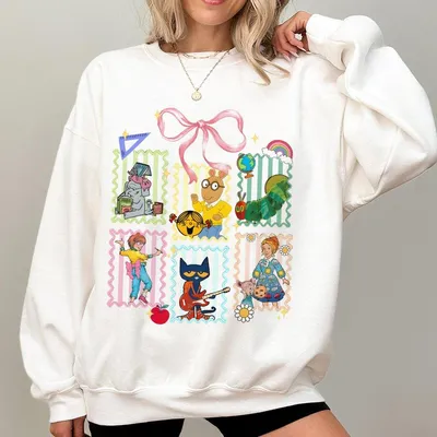 Cartoon Teacher Sweatshirt Fun Storybook Style Graphic Sweatshirt Back To School Teacher Gift Retro Classroom Outfit For Women