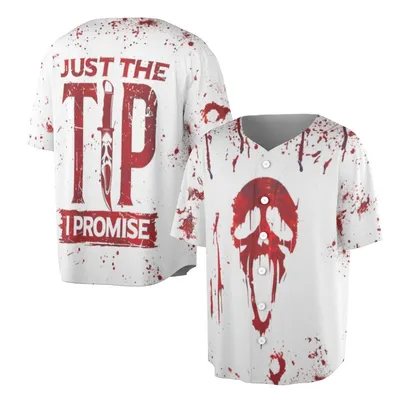 Just The Tip Horror Baseball Jersey, Scream Ghostface Parody Baseball Jersey, Bloody Skull Merch, Halloween Slasher Apparel