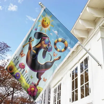 American House Flag, Playful Dachshund With Sunglasses, Butterflies, Sunflowers Vertical House Flag