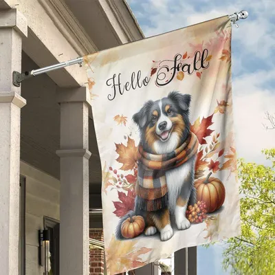 Hello Fall House Flag, Bernese Mountain Dog With Plaid Scarf, Pumpkins And Leaves, Warm Autumn Watercolor Design Vertical House Flag