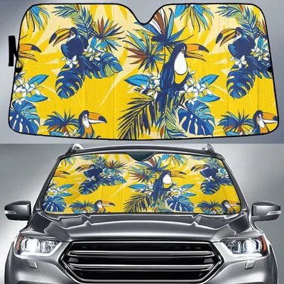 Blue Cute Parrots Landing On Monstera Leaf Yellow Theme Car Sun Shades Cover Auto Windshield PrintSyde