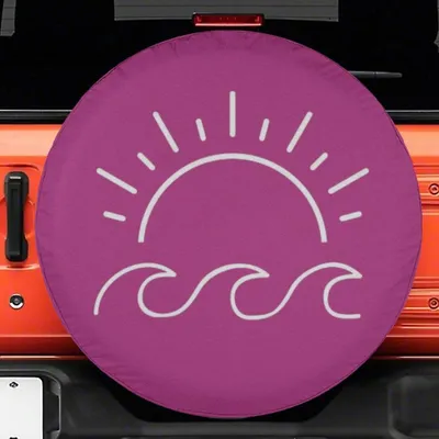 Spare Tire Cover, Sun And Waves Line Art, Beach Ocean Theme, Waterproof Dustproof Wheel Protector, All-Weather Universal Fit Spare Tire Cover
