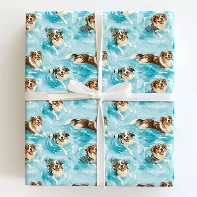 Pool Day with the Australian Shepherds - Gift Wrap for Christmas, Holidays Wrapping Paper, Christmas Wrapping Paper