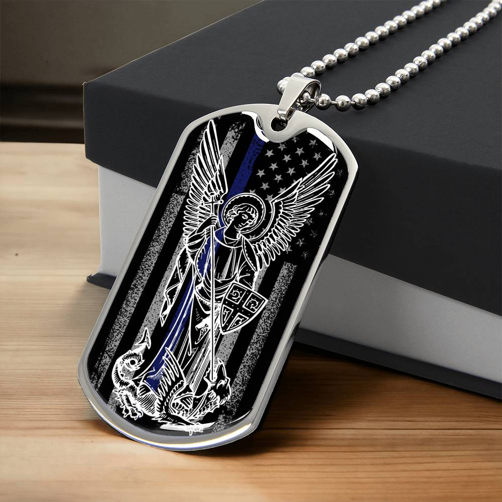 Police Officer Thin Blue Line With Archangel Michael Dogtag - Army Tag Necklace, Dog Tag