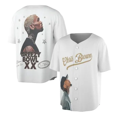 Baseball Jersey, Chris Brown Breezy Bowl Xx Graphic Baseball Jersey, R&B Hip Hop Tour Baseball Jersey, Gold White