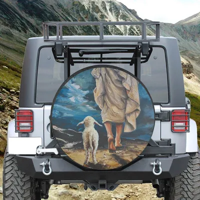 Christian Jesus And Lamb Spare Tire Cover, Religious Faith Design, Inspirational Bible Art, Waterproof Uv Protection Wheel Cover, Universal Fit Spare Tire Cover