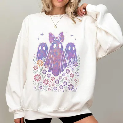 Ghost Coquette Halloween Sweatshirt – Iridescent Ghost Graphic Pullover for Women