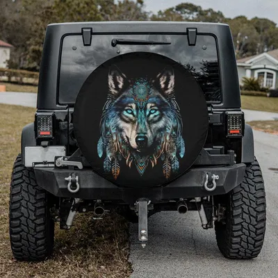 Wolf Spirit Spare Tire Cover , Tribal Boho Native American Design, Waterproof Vinyl Wheel Cover Spare Tire Cover