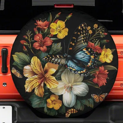 Tropical Butterfly Spare Tire Cover, Colorful Hibiscus Flower Bouquet, Nature Floral Universal Fit, Waterproof Vehicle Accessory Spare Tire Cover