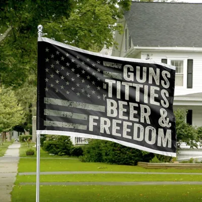 Guns Titties Beer & Freedom Horizontal House Flag, Patriotic Camouflage Statement Horizontal House Flag
