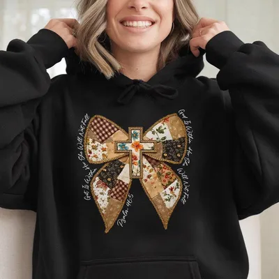 God Is Within Her Hoodie Vintage Patchwork Bow With Floral Cross And Bible Verse Psalm 46 5 Faith Based Coquett
