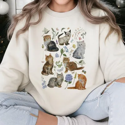Cats Sweatshirt, Retro Aesthetic Kitten Sweatshirt, Wildflower Flower Cat Sweatshirt, Floral Vintage Kittens Sweatshirt, Cat Lover Cott