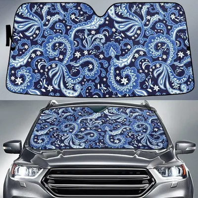 Tone Of Blue Long Flowers Paisley Texture Navy Theme Car Sun Shades Cover Auto Windshield PrintSyde