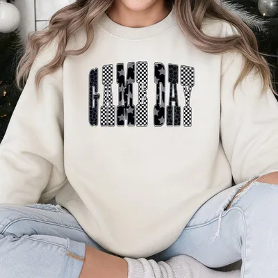 Black White Game Day Sweatshirt, Graphic Game Day Sweatshirt, Checkered Star Football Sweatshirt, Gift For Football Lover, Unisex Sweatshirt